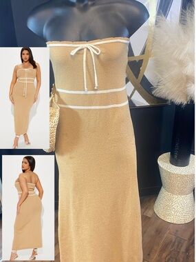 Strapless Tan Knit Dress with White Contrast Bands